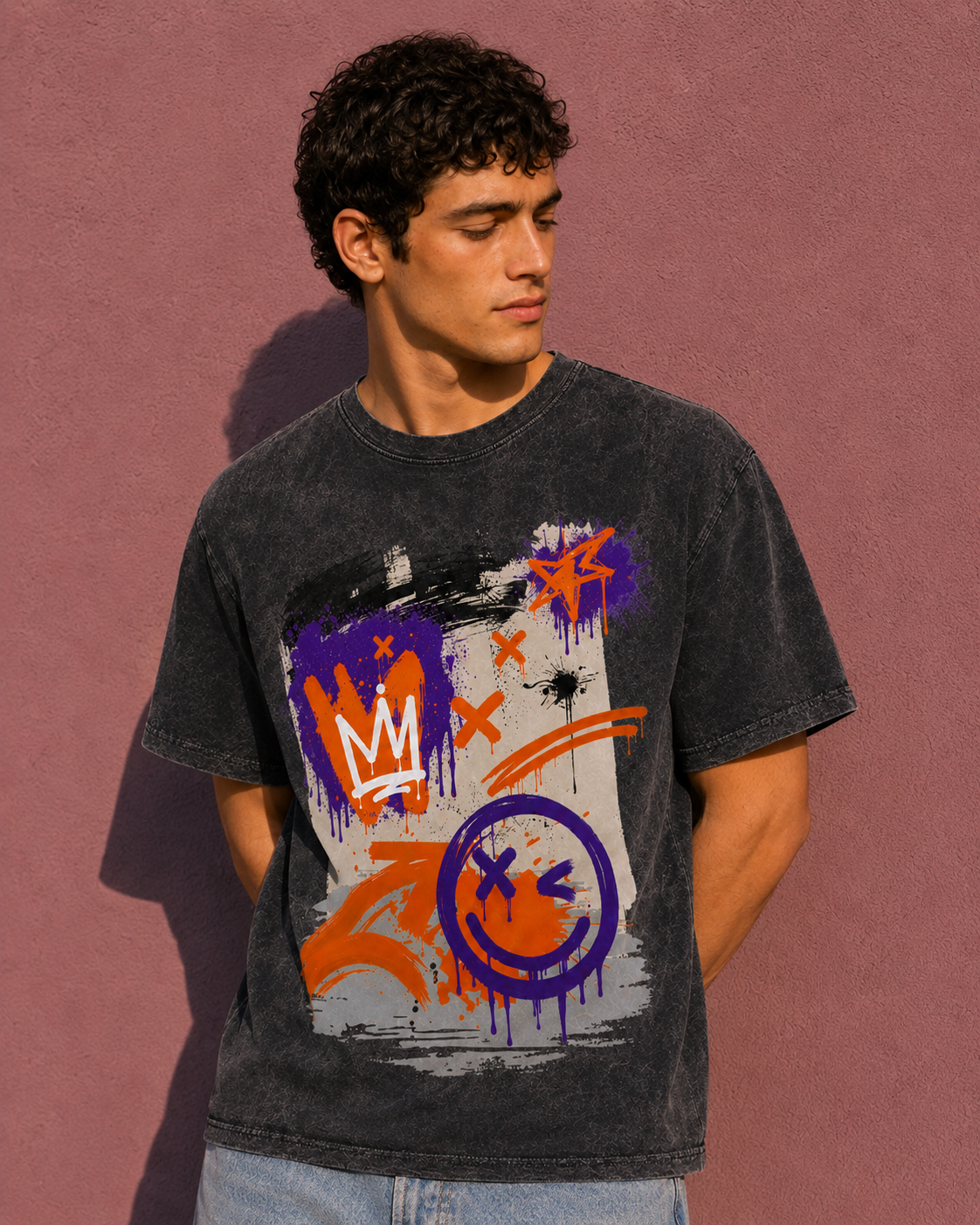 The Crown and Smiley Graffiti Wall Vintage Tee | Unisex Washed T-Shirt