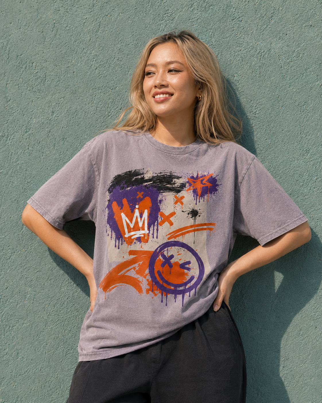 The Crown and Smiley Graffiti Wall Vintage Tee | Unisex Washed T-Shirt