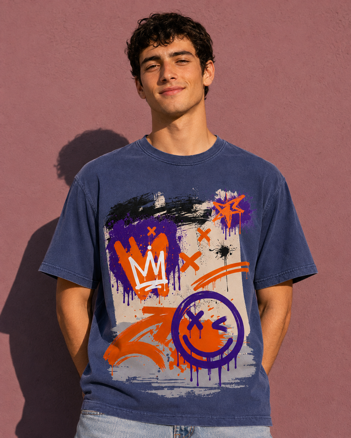 The Crown and Smiley Graffiti Wall Vintage Tee | Unisex Washed T-Shirt