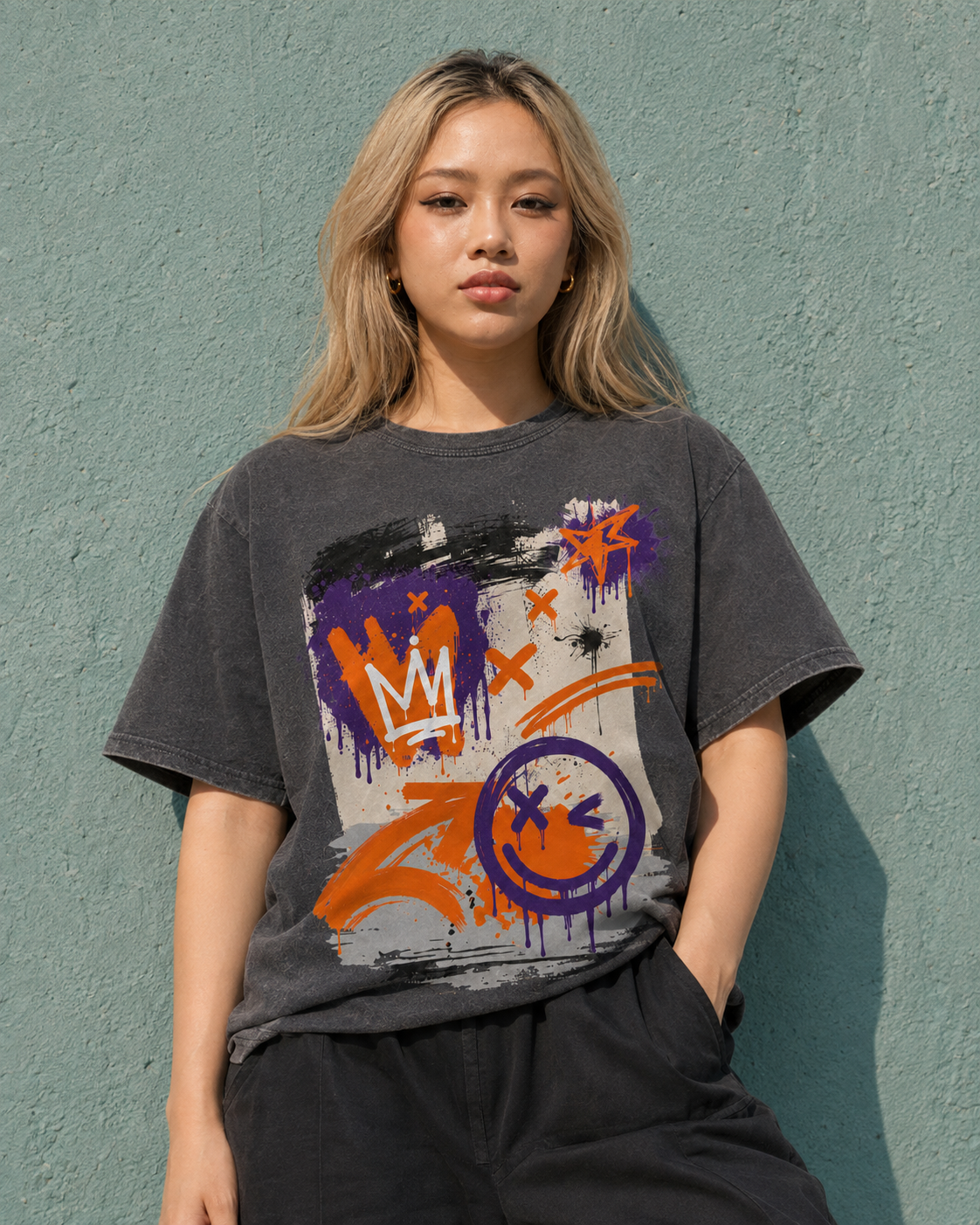 The Crown and Smiley Graffiti Wall Vintage Tee | Unisex Washed T-Shirt