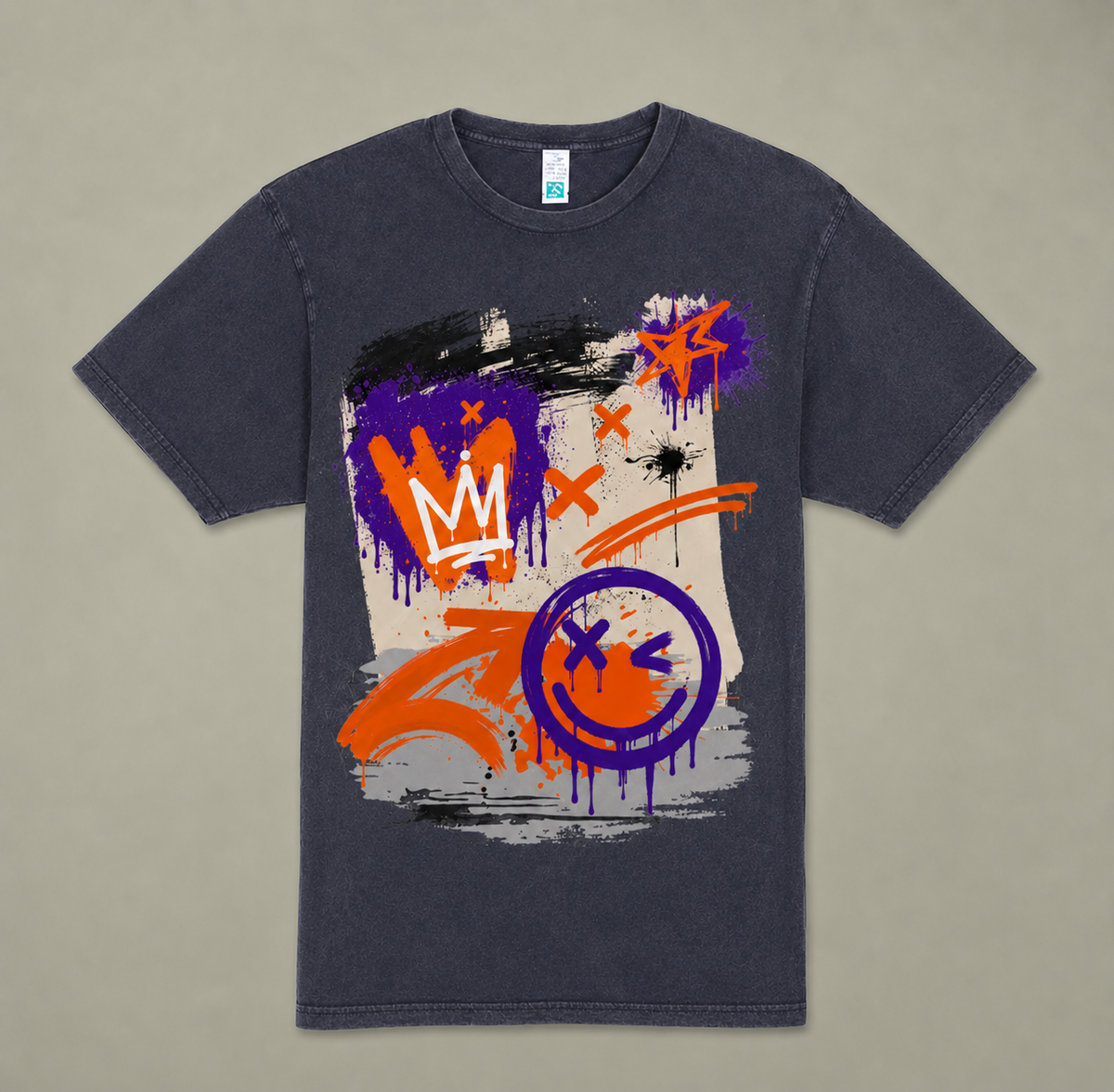 The Crown and Smiley Graffiti Wall Vintage Tee | Unisex Washed T-Shirt