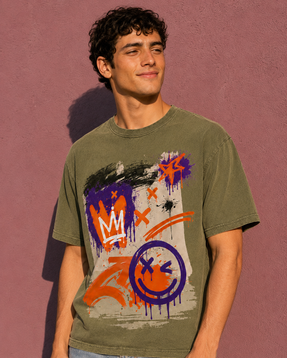 The Crown and Smiley Graffiti Wall Vintage Tee | Unisex Washed T-Shirt