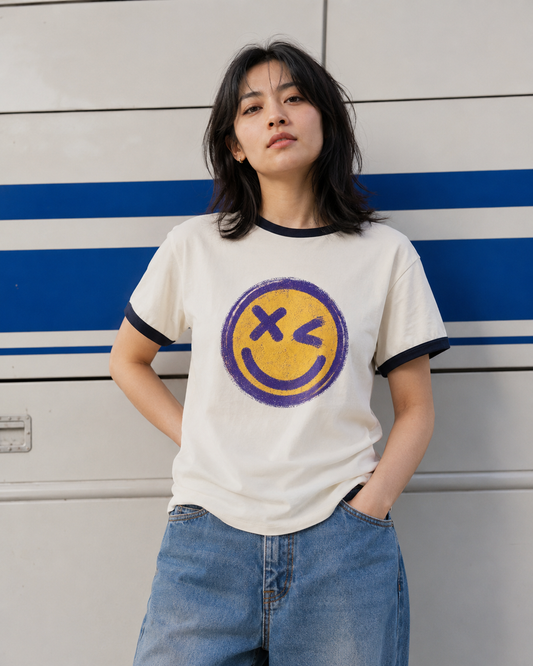 Smiley Vintage Ringer Tee | Unisex Fit T-Shirt