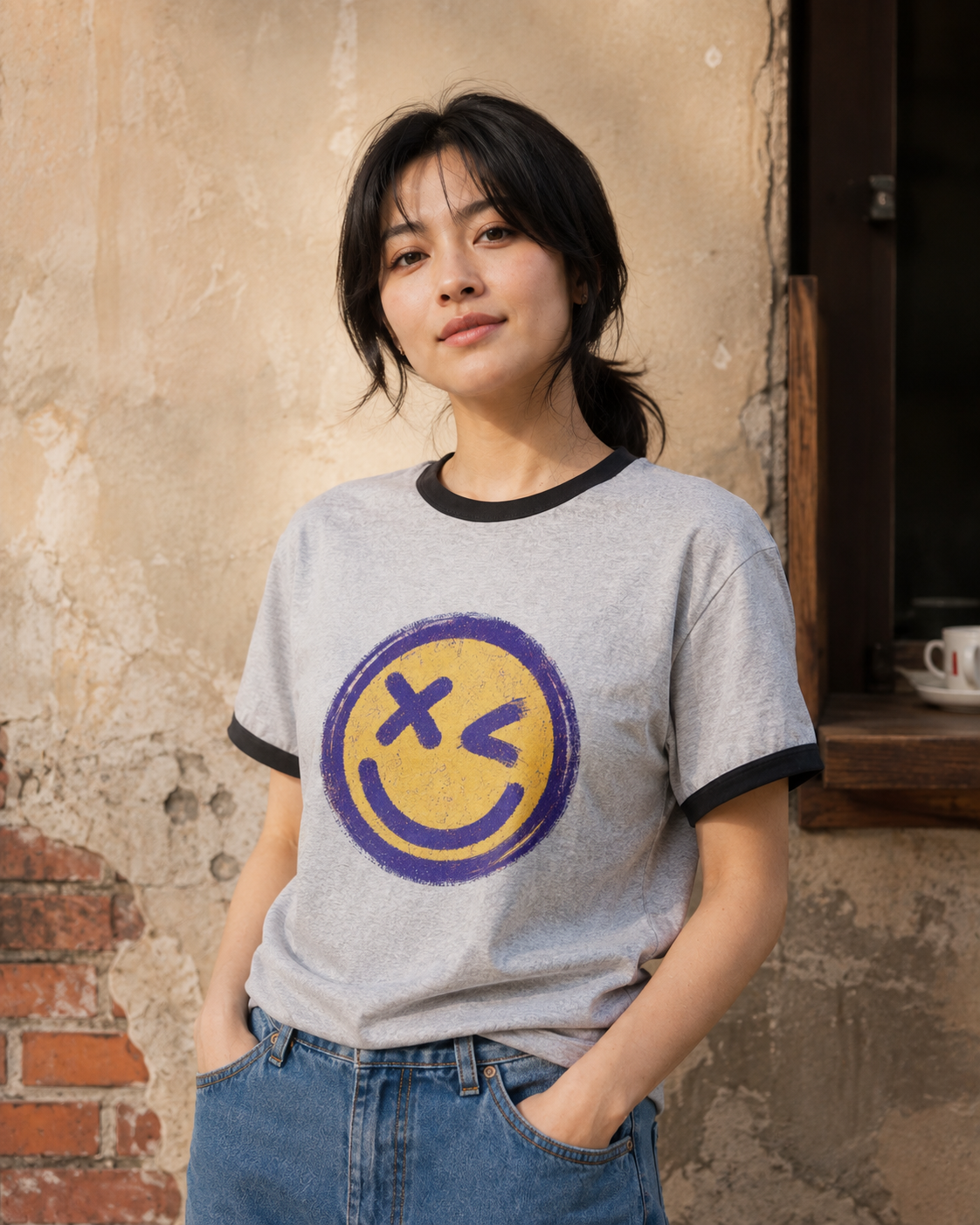 Smiley Vintage Ringer Tee | Unisex Fit T-Shirt