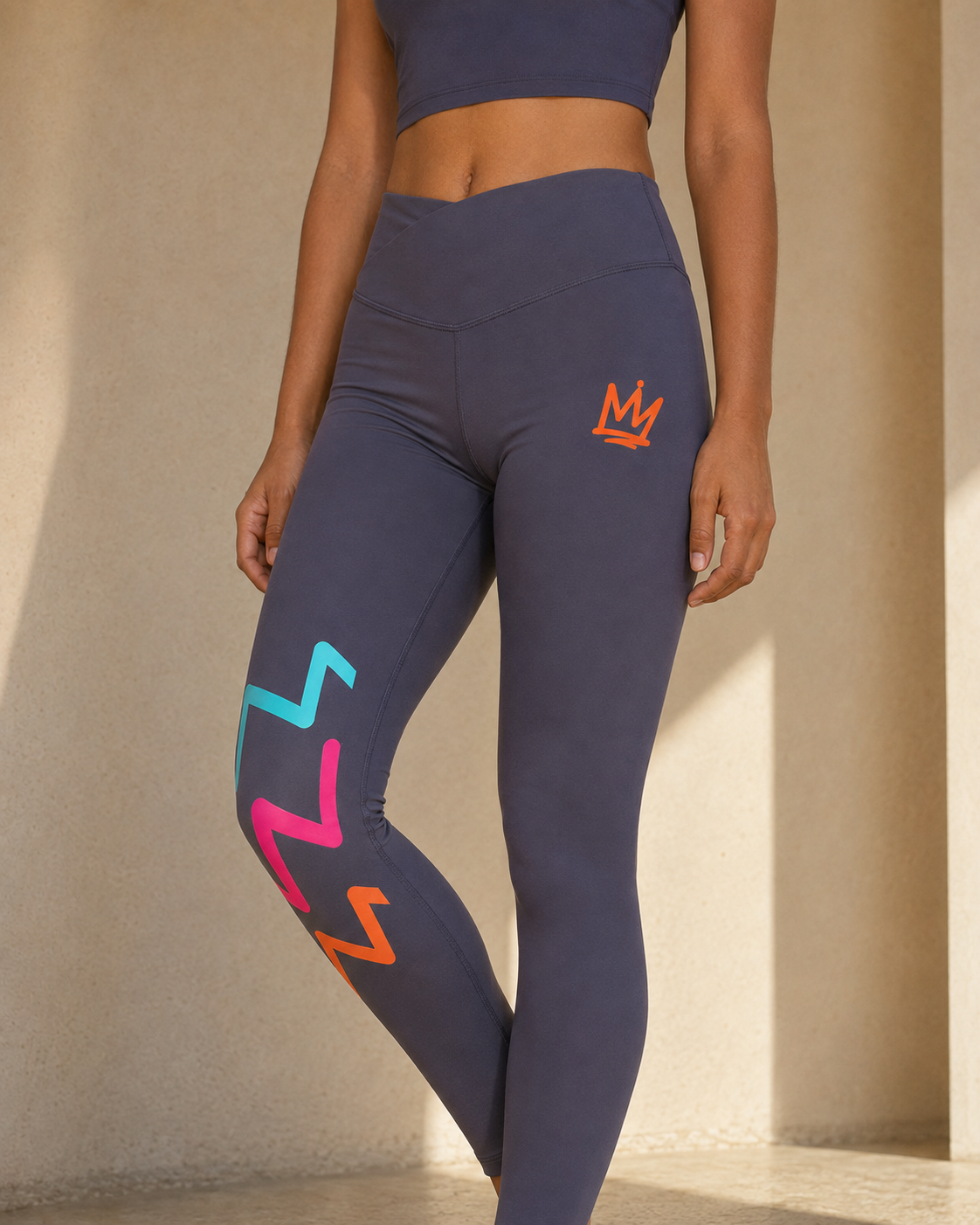 Zigzag & Crown High-Rise Performance Leggings | Graphic Sports Pants with Cross-Front Waistband for Women